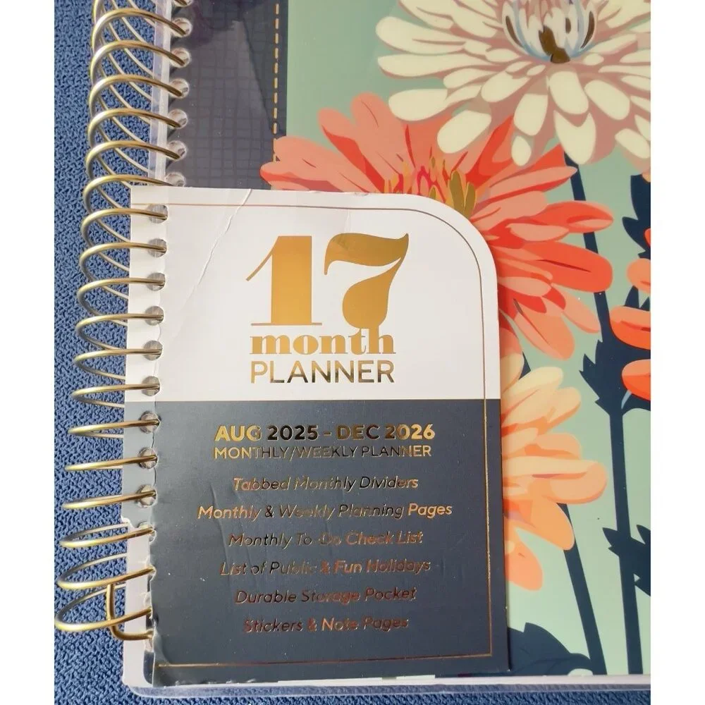 17 Month Planner ZINNIA GARDEN Aug 2025 -Dec 2026 Weekly Planning Note Page Gift